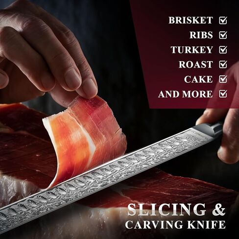 Emojoy Damascus Brisket Slicing Knife, 12" Carving Knife with Japanese Steel, Olive Wood Handle, Luxury Wooden Gift Box, Razor Sharp for Meat & Turkey in Kuwait