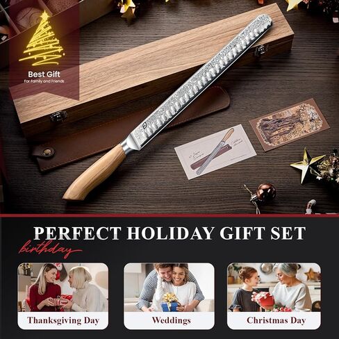 Emojoy Damascus Brisket Slicing Knife, 12" Carving Knife with Japanese Steel, Olive Wood Handle, Luxury Wooden Gift Box, Razor Sharp for Meat & Turkey in Kuwait