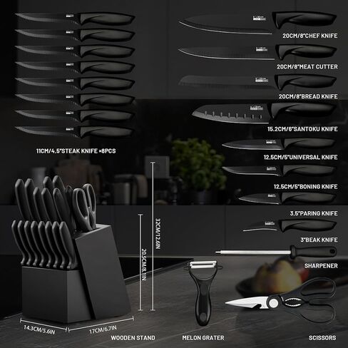 Knife Set, KroWallu 20 Pieces Knife Sets for Kitchen with Block, Dishwasher Safe Kitchen Knife Set with Built-in Sharpener, German Stainless Steel Black Knife Block Set in Kuwait