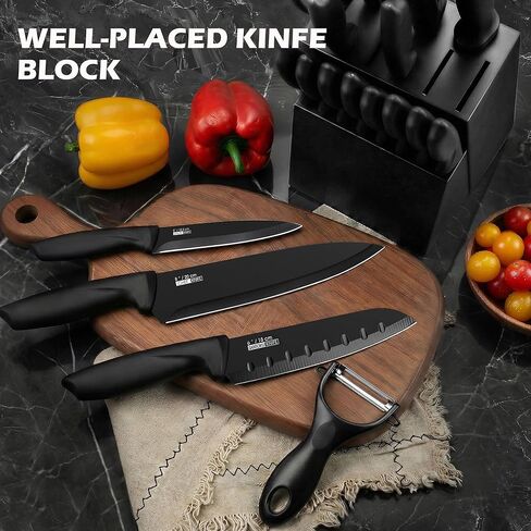 Knife Set, KroWallu 20 Pieces Knife Sets for Kitchen with Block, Dishwasher Safe Kitchen Knife Set with Built-in Sharpener, German Stainless Steel Black Knife Block Set in Kuwait