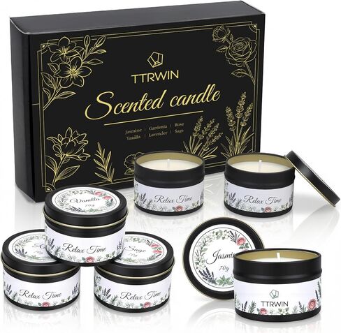 TTRWIN Relaxing Scented Candles Gift Set - 6 Natural Soy Wax Candles for Cosy Home, Aromatherapy Soy Candles in Jars, Stress Relief and Gifts, Christmas, Birthday, Spa Scents for Women, Men in Kuwait