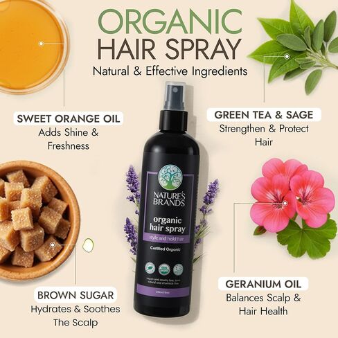 Nature's Brands Organic Hair Spray, 8 Oz - Biotin-Enriched Non Toxic Hairspray with Green Tea, Sage & Geranium Oil for Long-Lasting Hold, Shine, Frizz Control, and Volume Boost - Paraben-Free, Vegan in Kuwait