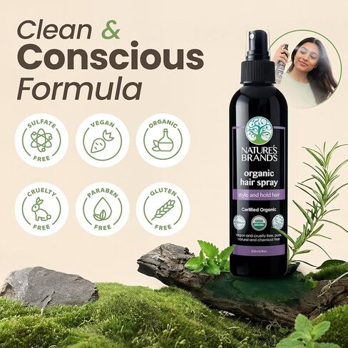 Nature's Brands Organic Hair Spray, 8 Oz - Biotin-Enriched Non Toxic Hairspray with Green Tea, Sage & Geranium Oil for Long-Lasting Hold, Shine, Frizz Control, and Volume Boost - Paraben-Free, Vegan in Kuwait