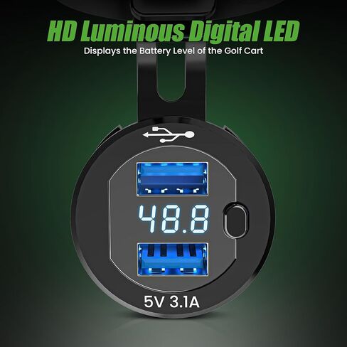 منافذ USB 2 في 1 مخرجات مزدوجة وشاشة LED مقياس جهد عالمي لسيارة النادي، EZGO & Yamaha، شحن سريع 3.1 أمبير، مقبس شحن آمن بغطاء معدني 9 فولت - 48 فولت مدخل جهد in Kuwait