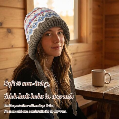 Women's Knitted Hat - Soft & Warm for Winter, Windproof Ear-Protecting Wide Brim, Khaki in Kuwait