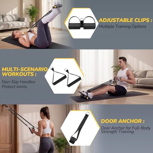 Upgrade Foot Pedal Resistance Bands with Handles, 4 Tube Adjustable Resistance Bands for Abdomen, Waist, Arm, Core/ABS, Leg Workout - Stirrup Puller for Men Women for Full Body Workout in Kuwait