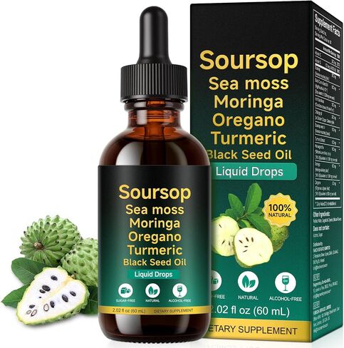 Soursop Bitters Liquid Drops 12-in-1 Complex - 2 Fl Oz | Enriched with Sea Moss, Moringa, Turmeric & Ashwagandha Extract | Herbal Tonic for Immune Support & Digestive Wellness | Vitamin C & D3 | Vegan in Kuwait