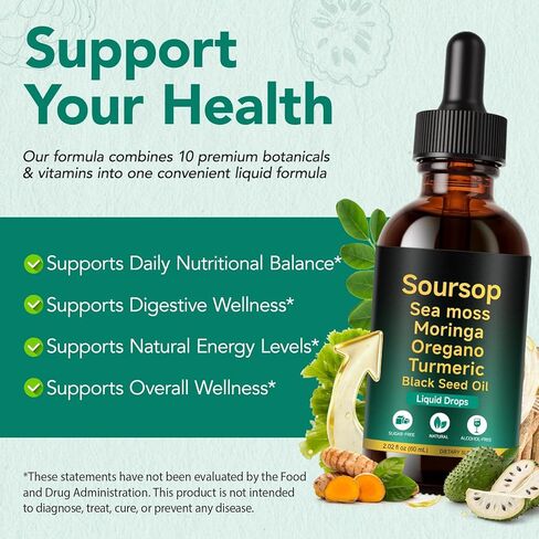 Soursop Bitters Liquid Drops 12-in-1 Complex - 2 Fl Oz | Enriched with Sea Moss, Moringa, Turmeric & Ashwagandha Extract | Herbal Tonic for Immune Support & Digestive Wellness | Vitamin C & D3 | Vegan in Kuwait
