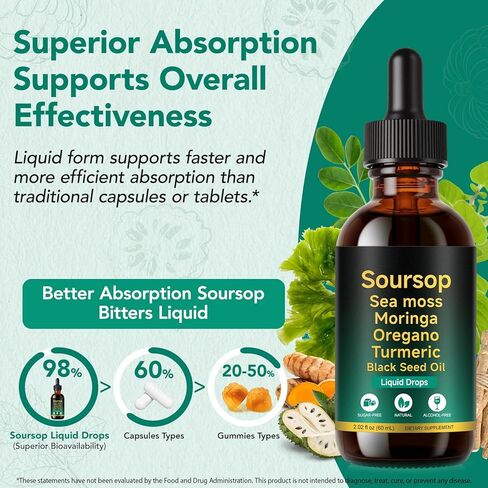 Soursop Bitters Liquid Drops 12-in-1 Complex - 2 Fl Oz | Enriched with Sea Moss, Moringa, Turmeric & Ashwagandha Extract | Herbal Tonic for Immune Support & Digestive Wellness | Vitamin C & D3 | Vegan in Kuwait