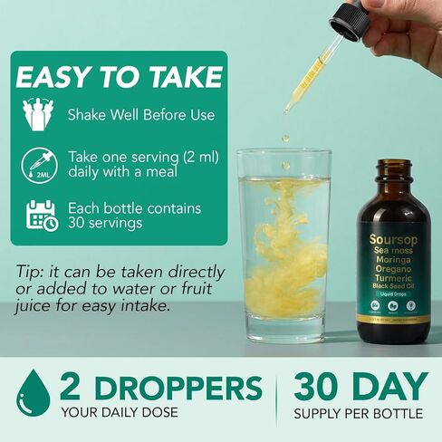 Soursop Bitters Liquid Drops 12-in-1 Complex - 2 Fl Oz | Enriched with Sea Moss, Moringa, Turmeric & Ashwagandha Extract | Herbal Tonic for Immune Support & Digestive Wellness | Vitamin C & D3 | Vegan in Kuwait