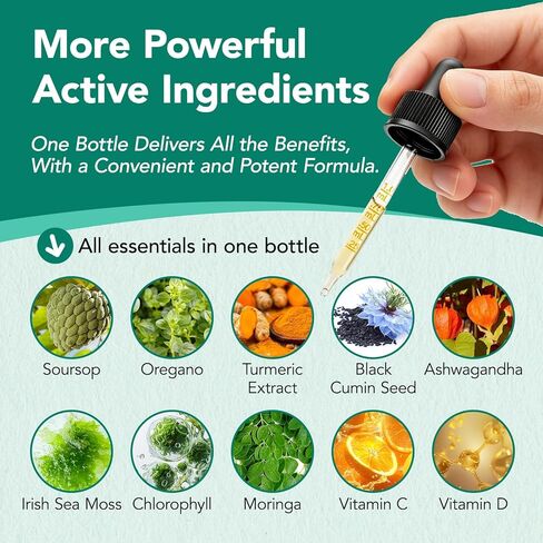 Soursop Bitters Liquid Drops 12-in-1 Complex - 2 Fl Oz | Enriched with Sea Moss, Moringa, Turmeric & Ashwagandha Extract | Herbal Tonic for Immune Support & Digestive Wellness | Vitamin C & D3 | Vegan in Kuwait