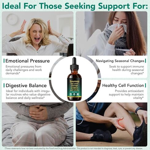 Soursop Bitters Liquid Drops 12-in-1 Complex - 2 Fl Oz | Enriched with Sea Moss, Moringa, Turmeric & Ashwagandha Extract | Herbal Tonic for Immune Support & Digestive Wellness | Vitamin C & D3 | Vegan in Kuwait