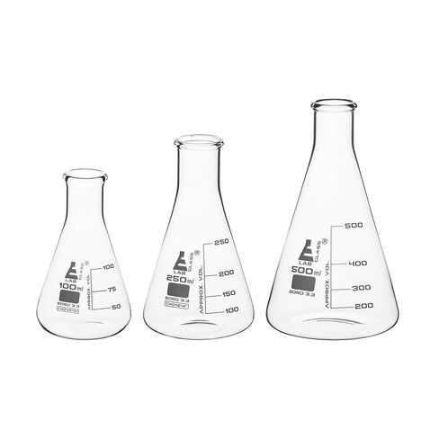 مجموعة قارورة EISCO Premium Erlenmeyer - 100 مل، 250 مل و500 مل، رقبة ضيقة، تخرجات بيضاء، متانة فائقة، مقاومة كيميائية للبوروسيليكات 3.3 زجاج - Eisco Labs in Kuwait