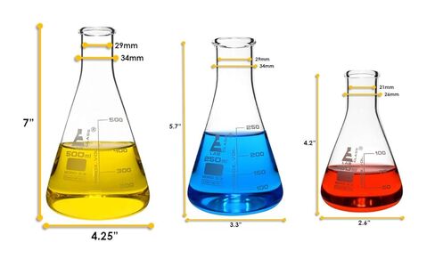 مجموعة قارورة EISCO Premium Erlenmeyer - 100 مل، 250 مل و500 مل، رقبة ضيقة، تخرجات بيضاء، متانة فائقة، مقاومة كيميائية للبوروسيليكات 3.3 زجاج - Eisco Labs in Kuwait
