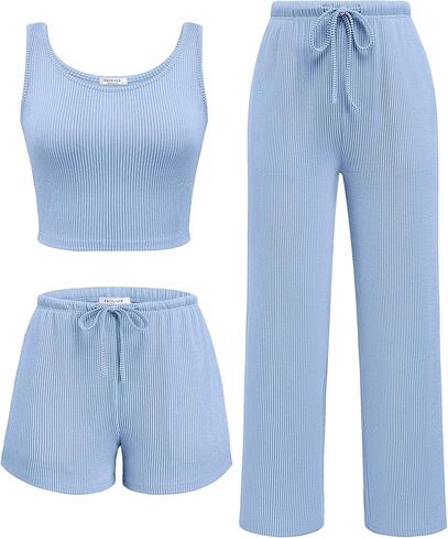 Ekouaer Women's 3 Piece Lounge Set Ribbed Soft Pajama Set - Crop Top, Shorts & Pants Vacation Outfits With Pokcet in Kuwait
