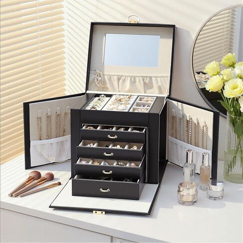 EnHomee Jewelry Box for Women, 5-Layer Large Jewelry Organizer with Mirror & 4 Drawers for Rings, Earrings, Necklaces, Bracelet Lockable Case with Lock (White + Gold) in Saudi Arabia