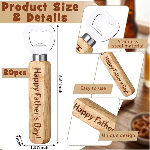20 Pcs Father's Day Christian Church Gifts Bulk Wooden Stainless Steel Bottle Opener Bulk Laser Engraving Handheld Bottle Openers Father's Day Thank You Gift for Dad Stepdad Husband Grandpa in Kuwait