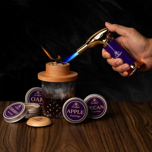 مجموعة تدخين الكوكتيل كراون رويال - مجموعة مدخنة الويسكي الفاخرة المكونة من 10 قطع مع شعلة البيوتان ورقائق الخشب (البلوط والتفاح والكرز والبقان)، وأكواب حرق شبكية وغطاء خشبي - مجموعة هدايا لمحبي الويسكي والبوربون in Kuwait
