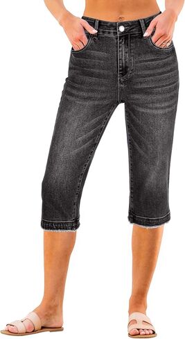 luvamia Capri Jeans for Women Trendy Mid Rise Distressed Raw Hem Casual Summer Stretchy Denim Capris Pants Relaxed Fit in Saudi Arabia