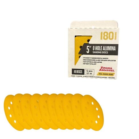 Virginia Abrasives 8-Hole Alumina Sanding Discs, Hook & Loop Sandpaper Discs for Random Orbital Sanders, Aluminum Oxide Abrasive for Wood, Metal, and Drywall Surface Prep, 5 Inch 180 Grit, Box of 10 in Kuwait