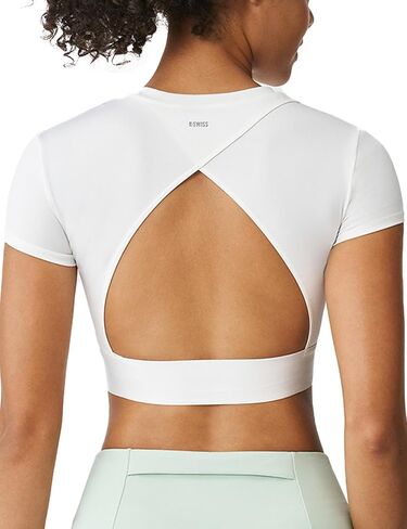 K-Swiss Workout Tops for Women - COMDRY Fiber Crop Open Back Athletic Shirts Short Sleeve Gym Sports Yoga Tees Slim Fit, in Saudi Arabia