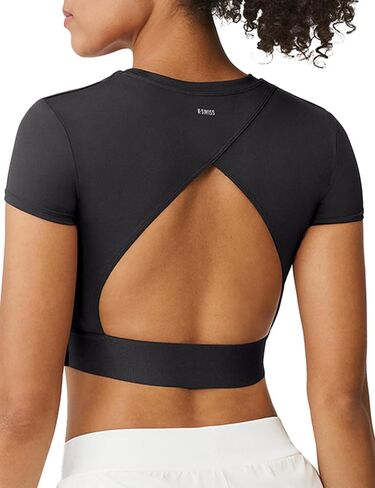 K-Swiss Workout Tops for Women - COMDRY Fiber Crop Open Back Athletic Shirts Short Sleeve Gym Sports Yoga Tees Slim Fit, in Saudi Arabia
