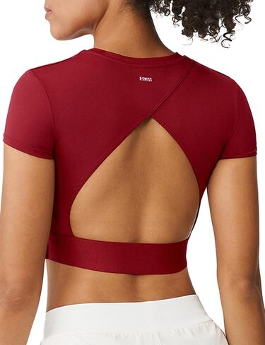 K-Swiss Workout Tops for Women - COMDRY Fiber Crop Open Back Athletic Shirts Short Sleeve Gym Sports Yoga Tees Slim Fit, in Saudi Arabia