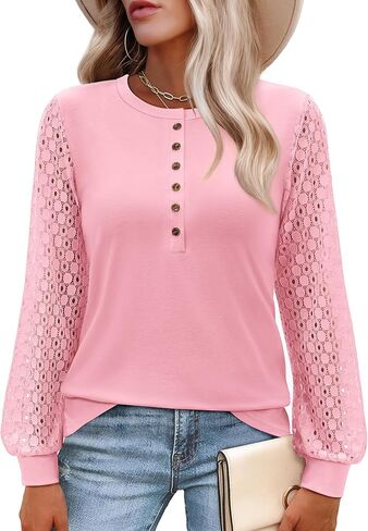 siliteelon Womens Long Sleeve Henley Shirts Lace Eyelet Tops Dressy Casual Blouses 2026 Fall Fashion Outfits Business Work in Saudi Arabia