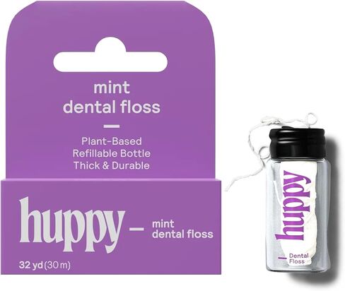 Huppy Vegan Dental Floss, Biodegradable Corn-Starch Floss with Refillable Glass Jar, Natural Candelilla Wax, Plastic Free, Sensitive Gums, Peppermint, 32 Yards in Saudi Arabia