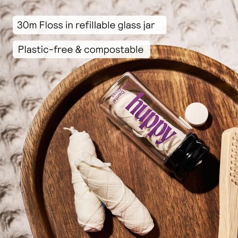 Huppy Vegan Dental Floss, Biodegradable Corn-Starch Floss with Refillable Glass Jar, Natural Candelilla Wax, Plastic Free, Sensitive Gums, Peppermint, 32 Yards in Saudi Arabia