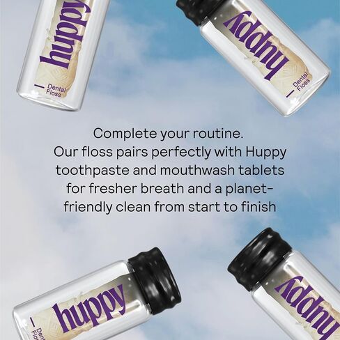 Huppy Vegan Dental Floss, Biodegradable Corn-Starch Floss with Refillable Glass Jar, Natural Candelilla Wax, Plastic Free, Sensitive Gums, Peppermint, 32 Yards in Saudi Arabia