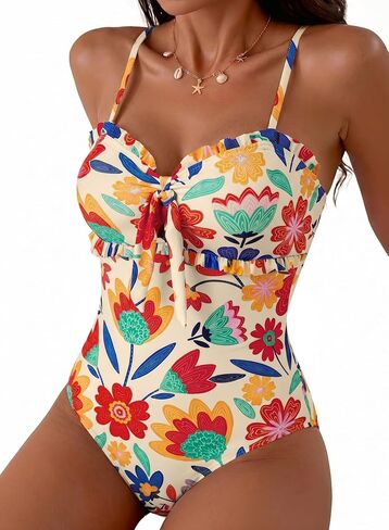 Herseas Women's One Piece Swimsuit Knotted Front Ruffle Trim Bathing Suits Tummy Control Cutout Swim Suits in Kuwait