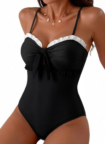 Herseas Women's One Piece Swimsuit Knotted Front Ruffle Trim Bathing Suits Tummy Control Cutout Swim Suits in Saudi Arabia