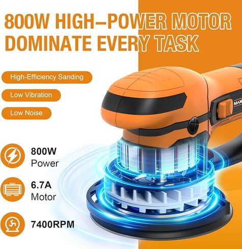 ماكينة صنفرة مدارية عشوائية MAXXT 800 وات، 5 مم غريب الأطوار، سرعة متغيرة 3300-7400 دورة في الدقيقة، وسادة 150 مم، تلميع مزدوج الوضع، مجموعة الغبار، 5 ورق صنفرة، ملمع جاف كهربائي للخشب والمعادن والسيارة in Kuwait