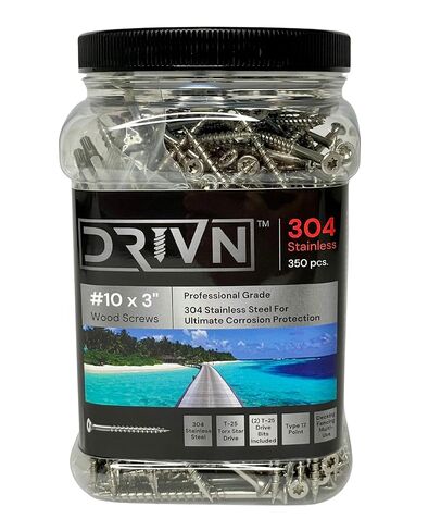 #10 x 3 Inch Stainless Steel Deck Screws | 304 Grade | 350 Pack | T25 Star Torx Drive | (2) 2" Pro Drive Bits Included | Corrosion Resistance | Outdoor Use (3") in Kuwait