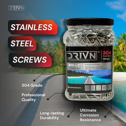 #10 x 3 Inch Stainless Steel Deck Screws | 304 Grade | 350 Pack | T25 Star Torx Drive | (2) 2" Pro Drive Bits Included | Corrosion Resistance | Outdoor Use (3") in Kuwait