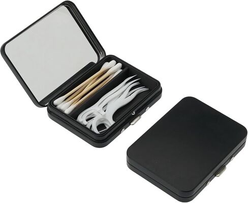 2Pack 2-in-1 Dental Floss & Cotton Swab Cases with Mirror - Portable & Refillable Floss Pick Holders, Gum Container Metal Tin Box Case for Q-tip,Cotton Swab (Black) in Saudi Arabia