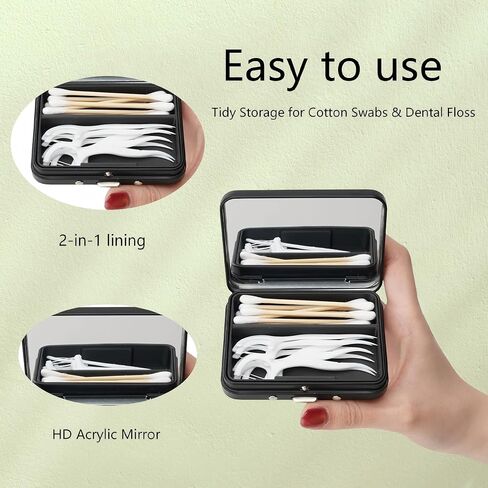 2Pack 2-in-1 Dental Floss & Cotton Swab Cases with Mirror - Portable & Refillable Floss Pick Holders, Gum Container Metal Tin Box Case for Q-tip,Cotton Swab (Black) in Saudi Arabia