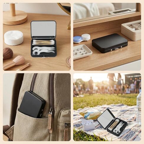 2Pack 2-in-1 Dental Floss & Cotton Swab Cases with Mirror - Portable & Refillable Floss Pick Holders, Gum Container Metal Tin Box Case for Q-tip,Cotton Swab (Black) in Saudi Arabia
