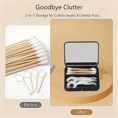 2Pack 2-in-1 Dental Floss & Cotton Swab Cases with Mirror - Portable & Refillable Floss Pick Holders, Gum Container Metal Tin Box Case for Q-tip,Cotton Swab (Black) in Saudi Arabia