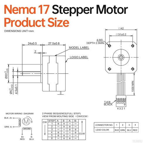 Nema 17 Stepper Motor 1.8‌°‌ 2 المرحلة عزم دوران عالي 0.28Nm(39.65oz·in) ثنائي القطب 42x28mm 1.6A 1.6Ω 4-سلك رمح 24mm φ5mm 42 محرك متدرج كابل 1M للطابعة ثلاثية الأبعاد DIY Robot CNC Machine in Kuwait