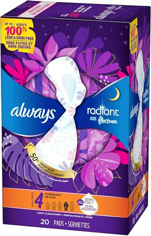 فوط Always Radiant، مقاس 4، قدرة على الامتصاص طوال الليل، معطرة، 20 قطعة in Kuwait