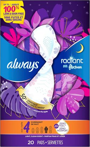 فوط Always Radiant، مقاس 4، قدرة على الامتصاص طوال الليل، معطرة، 20 قطعة in Kuwait