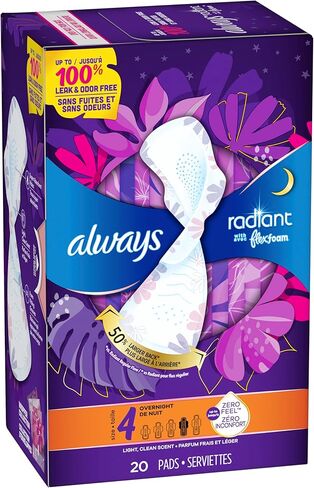 فوط Always Radiant، مقاس 4، قدرة على الامتصاص طوال الليل، معطرة، 20 قطعة in Kuwait