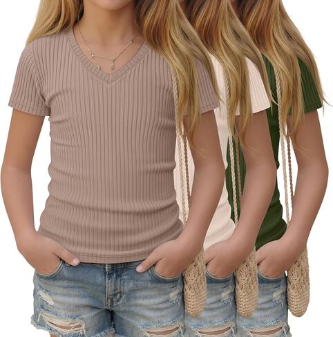 3 Pack Girls Ribbed Short Sleeve Shirts V Neck Slim Fit Tops Kids Summer Comfy Cute Teen Basic Tees in Saudi Arabia