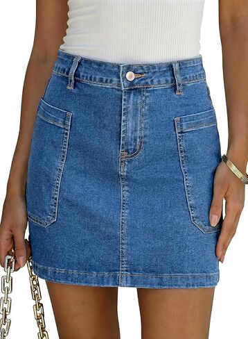 Sidefeel Women's Jean Skirt High Waisted Stretchy Casual Denim Above Knee Skirts with Patch Pockets in Saudi Arabia