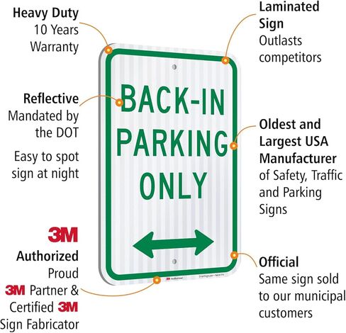SmartSign 2-Pack "Back-In Parking Only" لافتة معدنية مع سهم ثنائي الاتجاه، 12 بوصة × 18 بوصة، 63 مل من الألومنيوم، مادة عاكسة عالية الكثافة مغلفة 3M، أخضر/أبيض، صناعة أمريكية in Kuwait