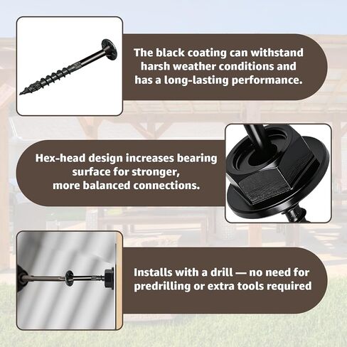 24PCS 0.220 in. x 3-1/2 Inch Outdoor Accents Structural Wood Screw with Hex-Head Washer, Black Rust Resistant Coated for Outdoor Pergolas, Decks, Fence Gates in Kuwait