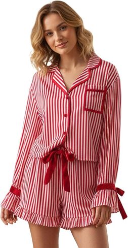 Amuver Women Christmas 2 Piece Pajama Set Striped Button Down Shirt Bow Tie Shorts Holiday Cute Pjs Lounge Sets in Saudi Arabia