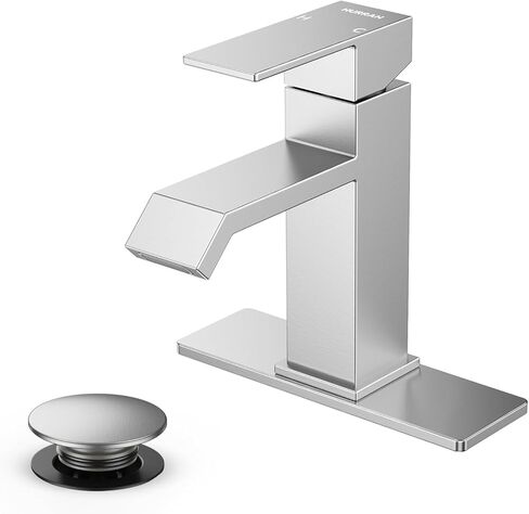 Single Handle Bathroom Faucets, HURRAN Brushed Nickel Bathroom Sink Faucet Stainless Steel Vanity Faucet(1 Hole or 3 Holes), Modern Basin Faucets for RV Restroom Sink with Deck Plate and Pop-up Drain in Kuwait